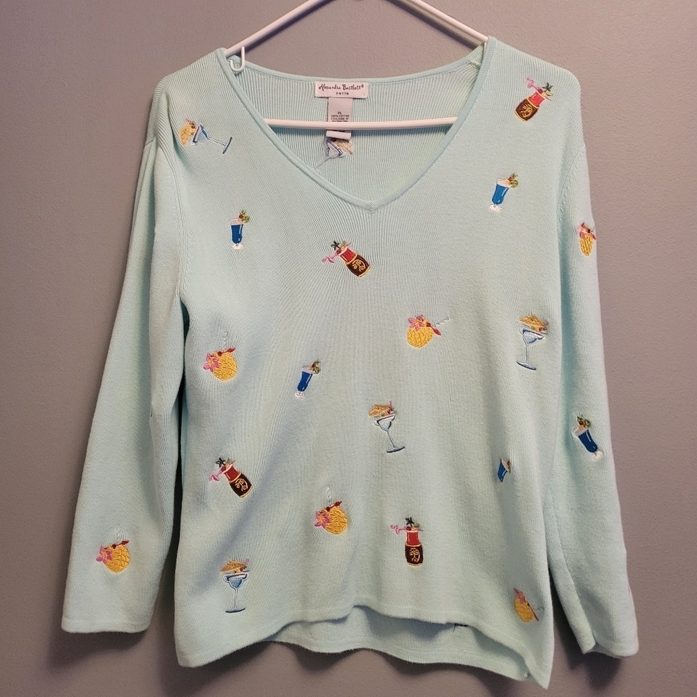 Vintage 90s Cocktail Embroidered Sweater Blue Cotton Novelty Bar Knit Martini LP - Picture 2 of 6